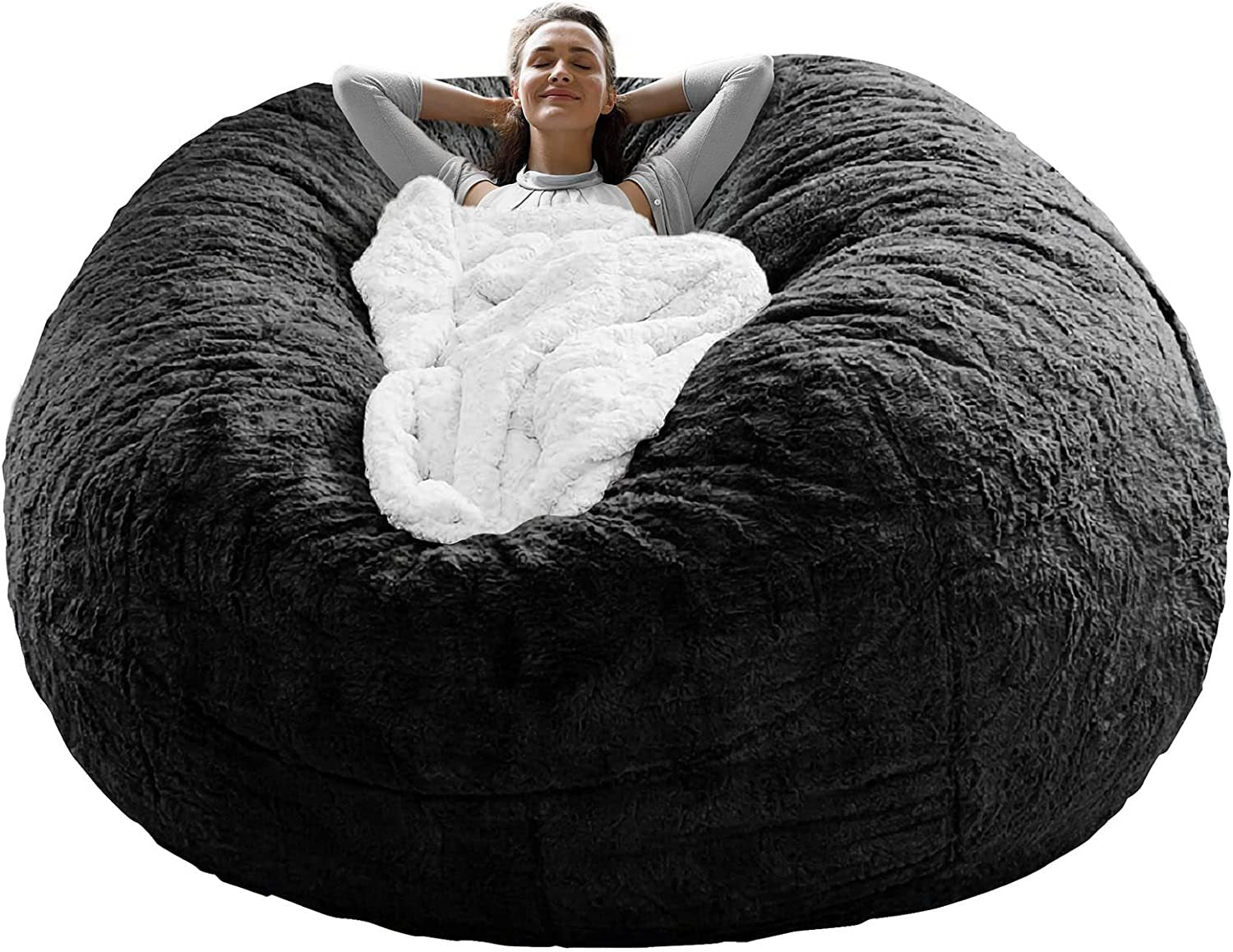 5ft Black Fluffy Velvet Bean Bag Chair Cover – Soft Round PV Velvet Sofa Bed Cover for Living Room Furniture, Lazy Couch Chair Slipcover (Cover Only, No Filling)