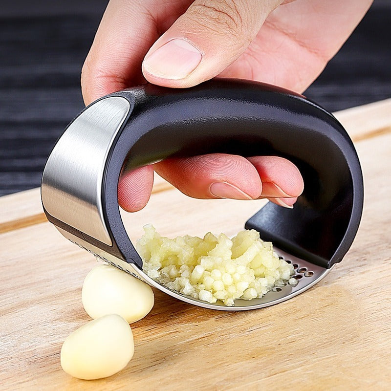 Premium Stainless Steel Garlic Press Manual Garlic Mincer Chopping Garlic Tools Curve Fruit Vegetable Tools Kitchen Gadgets Garlic Press Rocker Stainsteel Garlic Crusher Black Peeler And Metal Scraper