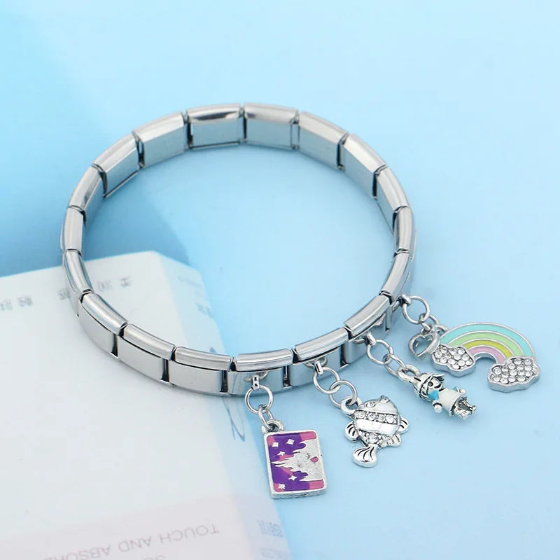 Hapiship Fashion Sweet Flower Fish Rainbow Dog Boy Girls Charm Links Fit 9mm Stainless Steel Bracelet Making DIY Jewelry DJ429