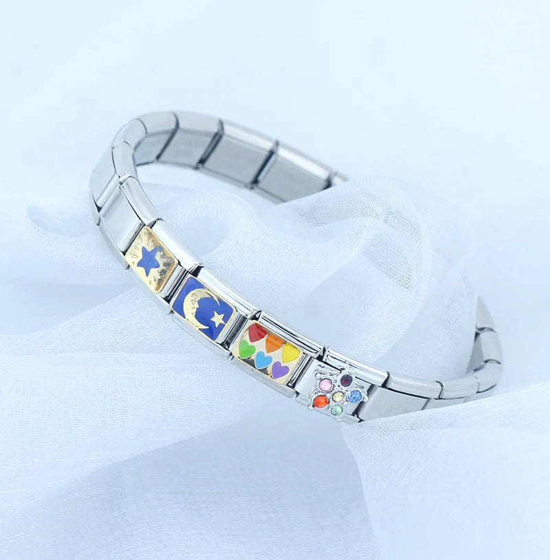 Hapiship Romantic Rainbow color Heart Flower Wing Italian Charm Links Fit 9mm Stainless Steel Bracelet Jewelry DIY Making DJ481