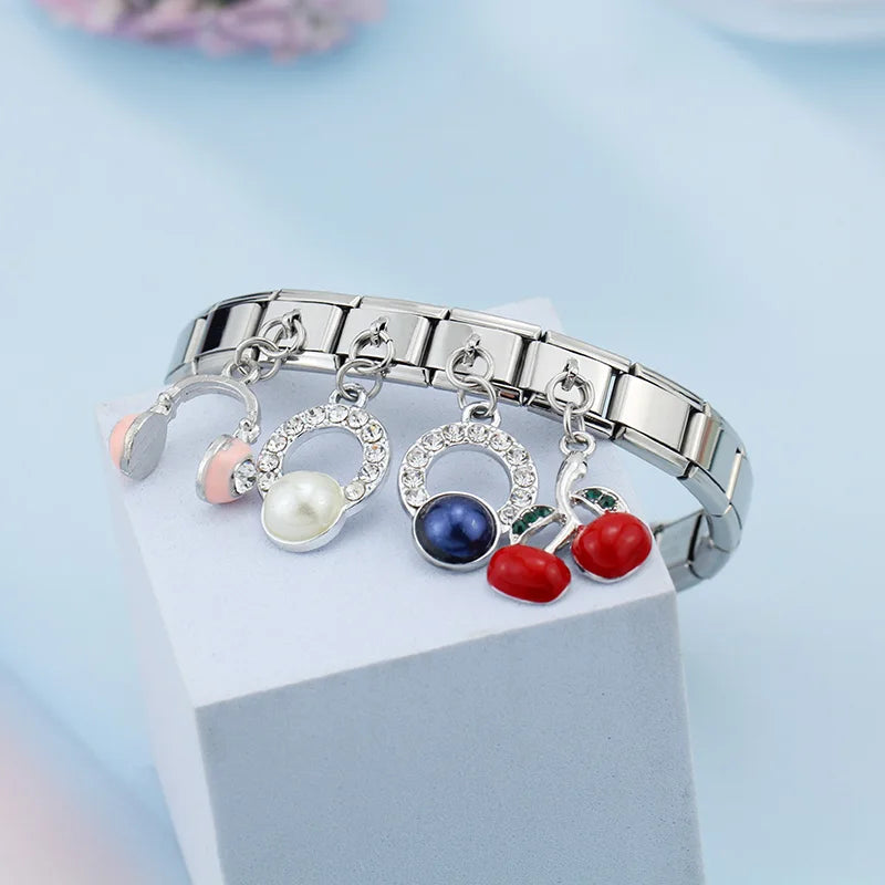 Hapiship Rose Flower Unicorn Cherry Pizza Coconut Trees CZ Italian Charm Fit 9mm Bracelet Stainless Steel Jewelry Making DJ158