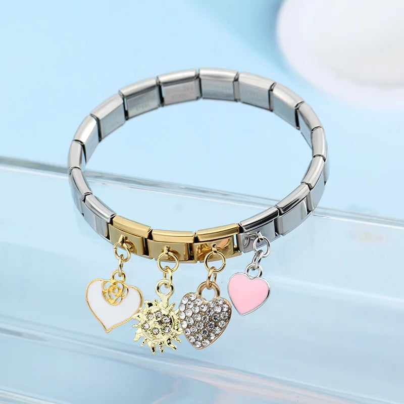 Hapiship Fashion Sweet Romantic Glaze Heart Sun Italian Links Charm Fit 9mm Stainless Steel Bracelet Jewelry DIY Making DJ389