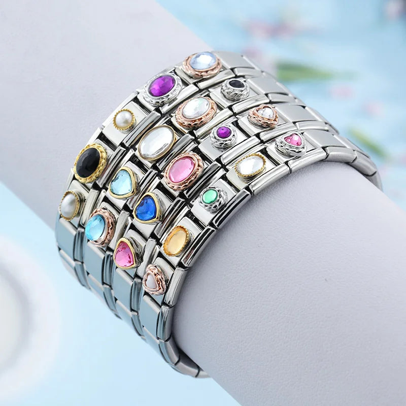 Hapiship Original Daisy Fashion Heart Ellipse Color CZ Italian Charm Links Fit 9mm Bracelet Stainless Steel Jewelry Making DJ374