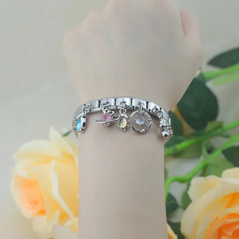 Hapiship 2025 New Original Daisy Star Moon Starry Sky CZ Italian Charm Fit 9mm Bracelet Stainless Steel Jewelry DIY Making DJ802