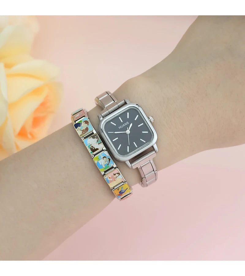 Hapiship Fashion Wholesale Women's Stainless Steel Square Watch Bracelet for Student Friend Wife Birthday DIY Jewelry Gift G003