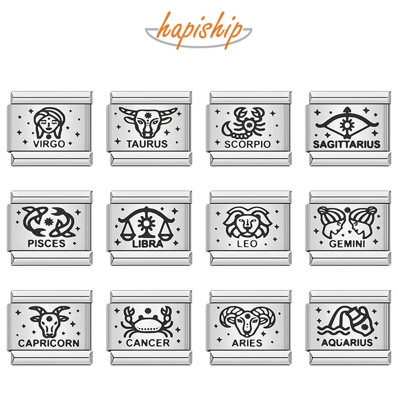 Hapiship 2025 New Women Unique 12 Constellation Italian Charms Links Fit 9mm Bracelet Stainless Steel DIY Making Jewelry DJ1181