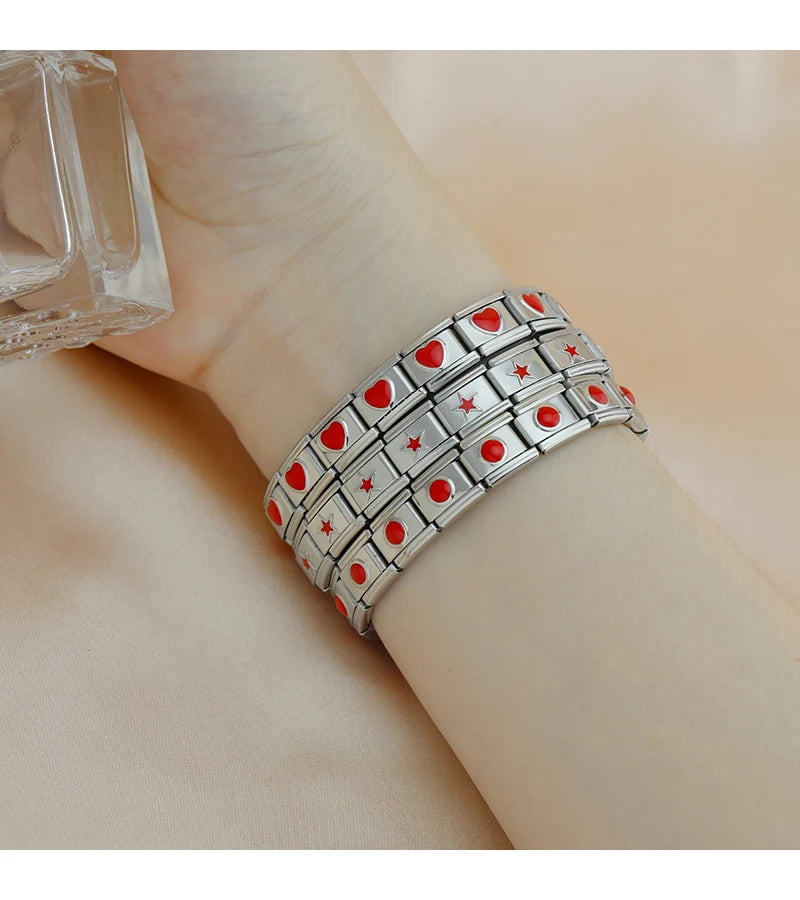 Hapiship 2025 Women's 9mm Itanlian Elastic Red Heart Round Star Crown Charms Fashion Stainless Steel Bracelet Jewelry Gift G126