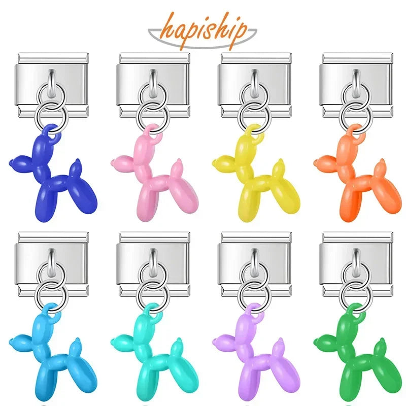 Hapiship 2025 New Fashion Sweet Colour Balloon Dog Charm Links Fit 9mm Stainless Steel Bracelet Making DIY Jewelry DJ594