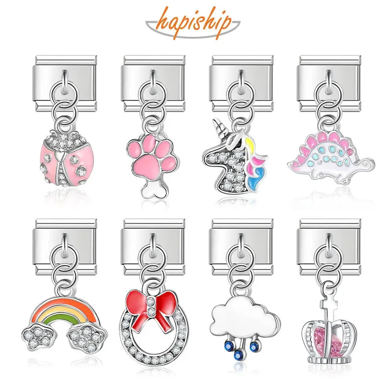 Hapiship Original Daisy Crown Rainbow Unicorn Dinosaur Italian Charm Fit 9mm Bracelet Stainless Steel Jewelry Making DJTop23