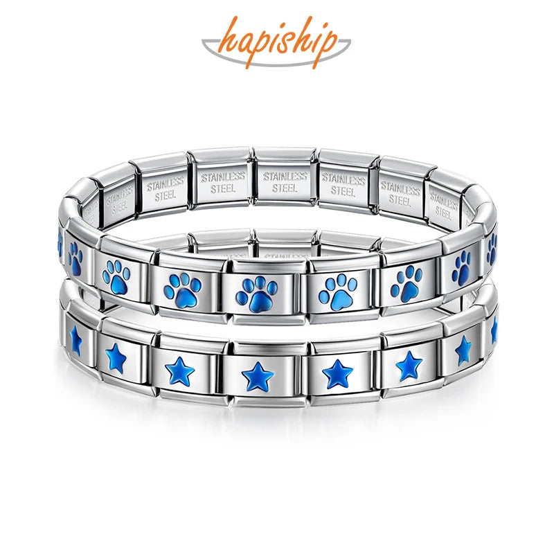 Hapiship 2025 New Wholesale Fashion Blue Star Footprint Itanlian Elastic Charm Stainless Steel Bracelet Jewelry Gift G267