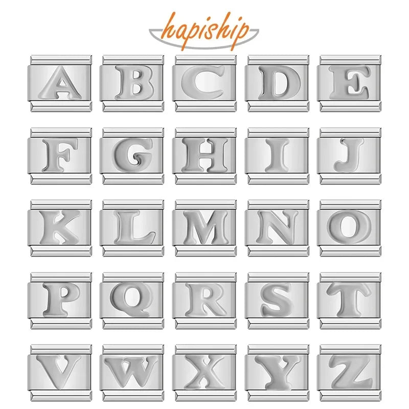 Hapiship 2025 Women Girls English A-Z 26 Letters Charm Italian Links Fit 9mm Bracelet Stainless Steel DIY Making Jewelry DJ1132