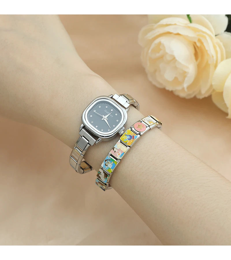 Hapiship Fashion Wholesale Women's Stainless Steel Square CZ Watch Bracelet for Party Friend Wife Birthday DIY Jewelry Gift G009