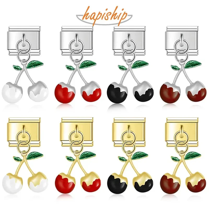 Hapiship 2025 Fashion New Women Gift Fruit Cherry Charm Italian Link Fit 9mm Bracelet Stainless Steel Making DIY Jewelry DJ745