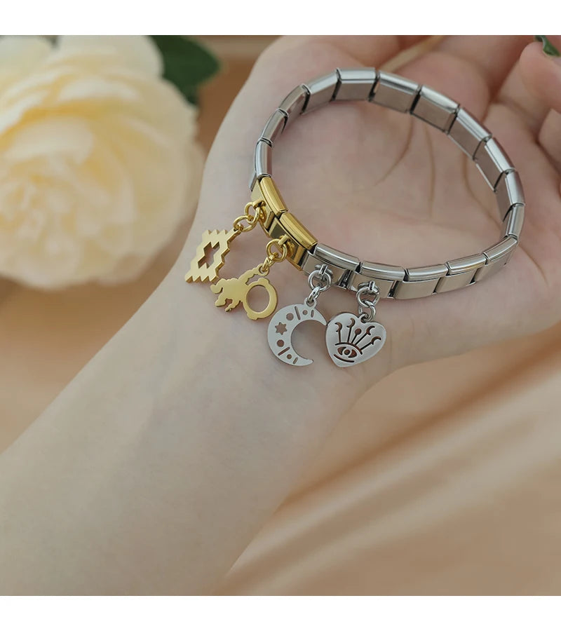 Hapiship 2025 New Wholesale Moon Heart Planet Italian Charm Fit 9mm Bracelet Stainless Steel Drop Shipping Women Jewelry DJ1258