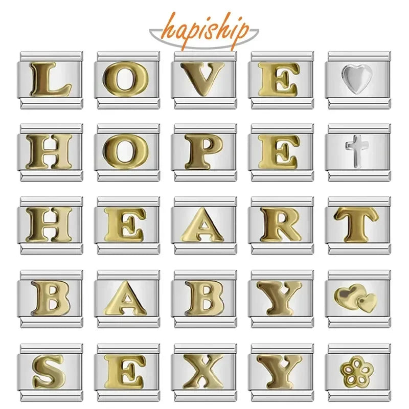 Hapiship 2025 New Fashion 26 English Letters Italian Charm Links Fit 9mm Stainless Steel Bracelet Making Women Jewelry DJ110