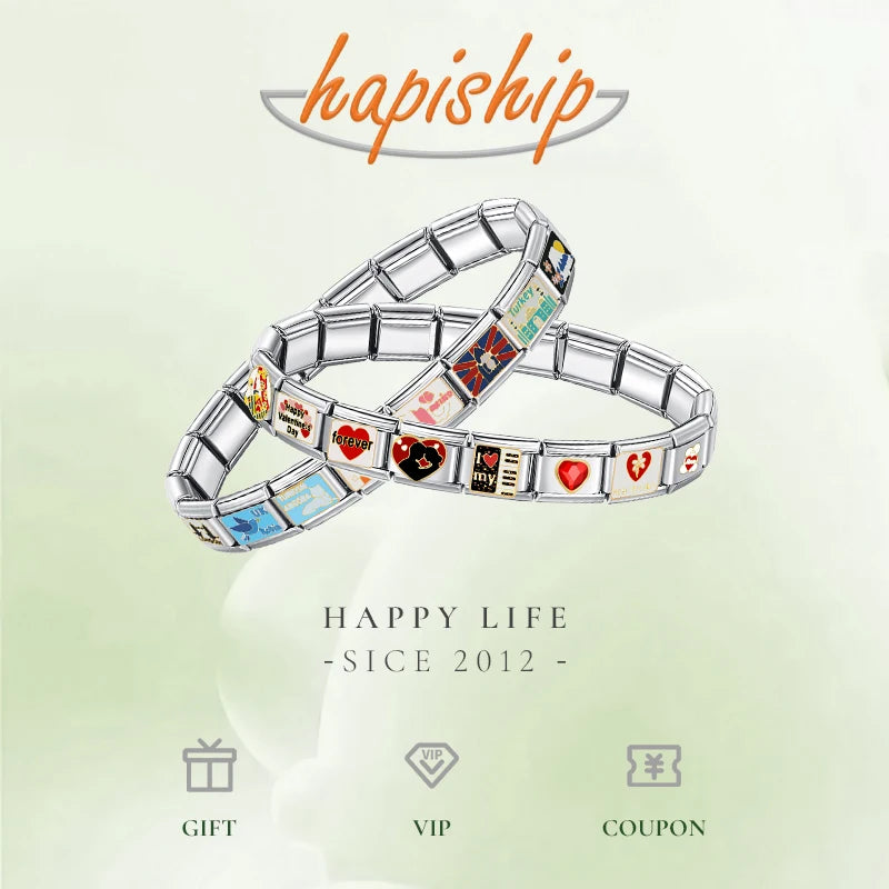 Hapiship Top New 9mm Width Original Daisy Coffee Key SPA Love Italian DIY Charm Bracelet Stainless Steel Jewelry Making DJ094