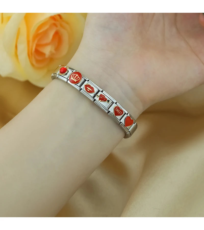 Hapiship 2025 Women Red Glaze Flower Heart Kiss Me Charms Italian Links Fit 9mm Stainless Steel Bracelet Making Jewelry ZH003