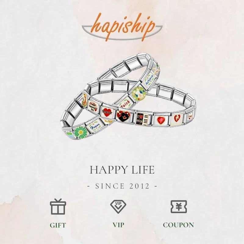 Hapiship 2025 Wholesale Colors Heart Shiny CZ Italian Charm Links Fit 9mm Stainless Steel Bracelet Drop Shipping Jewelry DJ1437