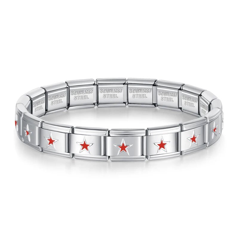 Hapiship 2025 Women's 9mm Itanlian Elastic Red Heart Round Star Crown Charms Fashion Stainless Steel Bracelet Jewelry Gift G126