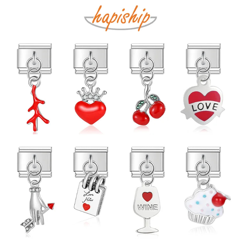 Hapiship Top New Original Daisy Heart Wine Love Cake Charm Links Fit 9mm Bracelet Stainless Steel Jewelry Making DJTop7