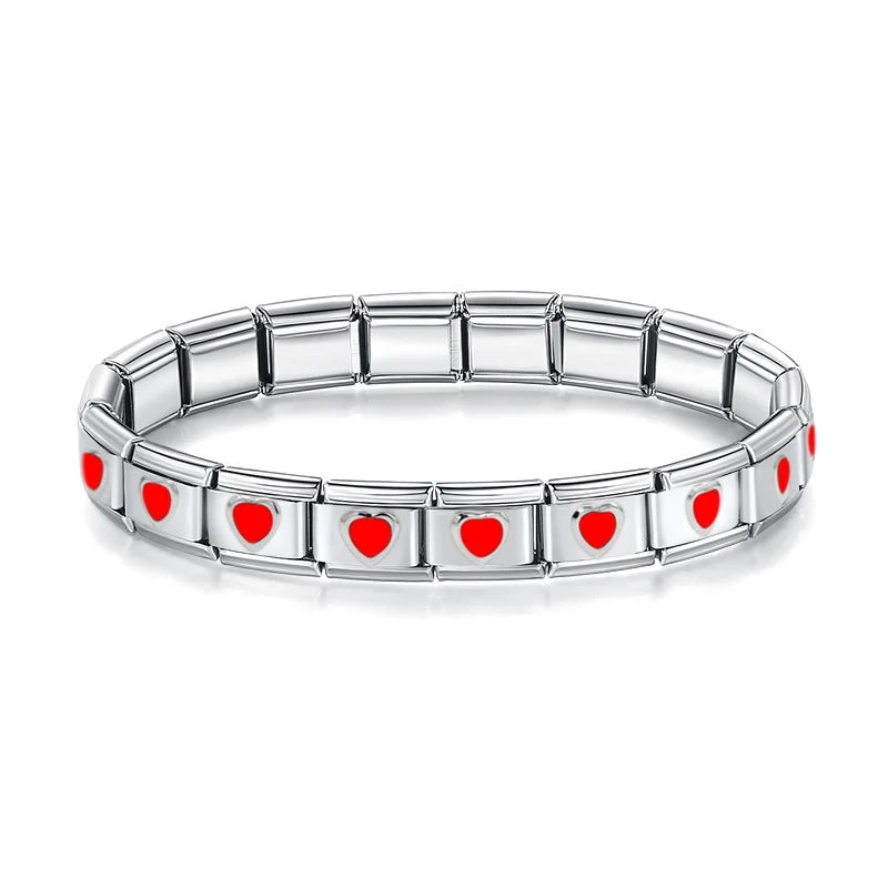 Hapiship 2025 Women's 9mm Itanlian Elastic Red Heart Round Star Crown Charms Fashion Stainless Steel Bracelet Jewelry Gift G126