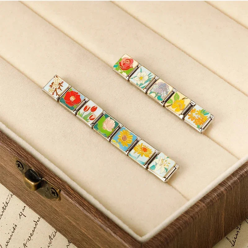 Hapiship 2025 Fashion Pretty Sweet Colour Flower Charm Italian Links Fit 9mm Stainless Steel Bracelet Making DIY Jewelry DJ1137