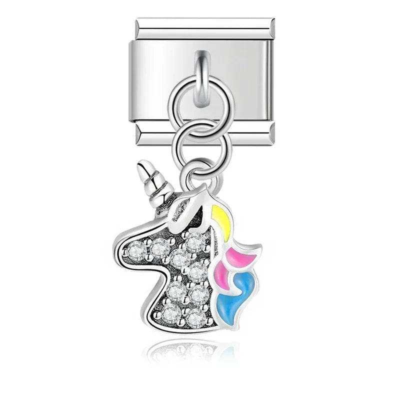 Hapiship Original Daisy Crown Rainbow Unicorn Dinosaur Italian Charm Fit 9mm Bracelet Stainless Steel Jewelry Making DJTop23