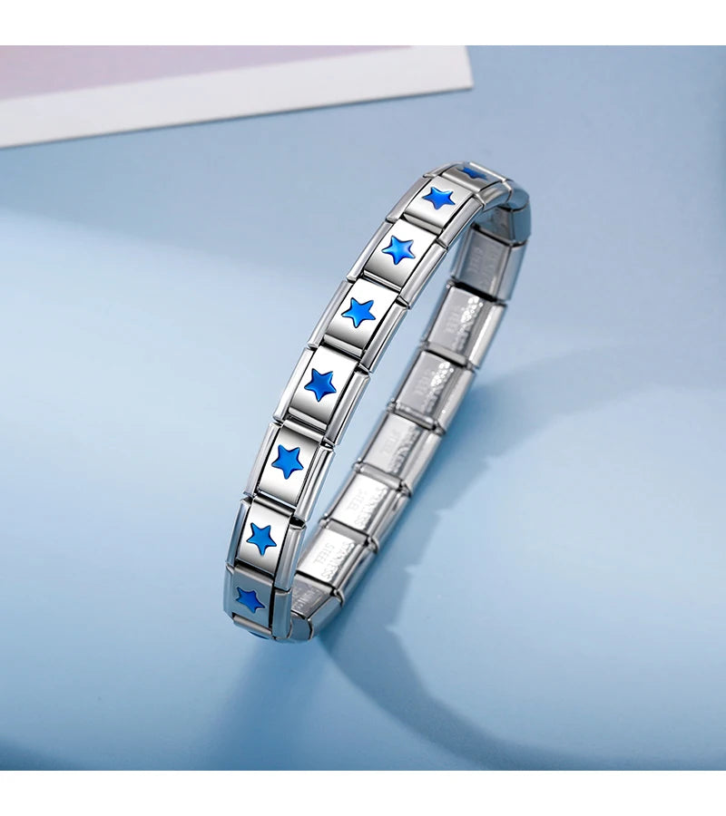 Hapiship 2025 New Wholesale Fashion Blue Star Footprint Itanlian Elastic Charm Stainless Steel Bracelet Jewelry Gift G267