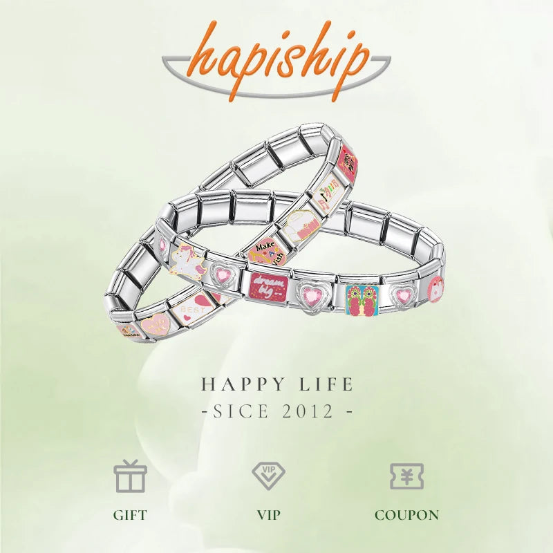 Hapiship 2025 New Fashion Colour Glaze Dog Butterfly Heart Charm Italian Link Fit DIY 9mm Stainless Steel Bracelet Jewelry DJ546