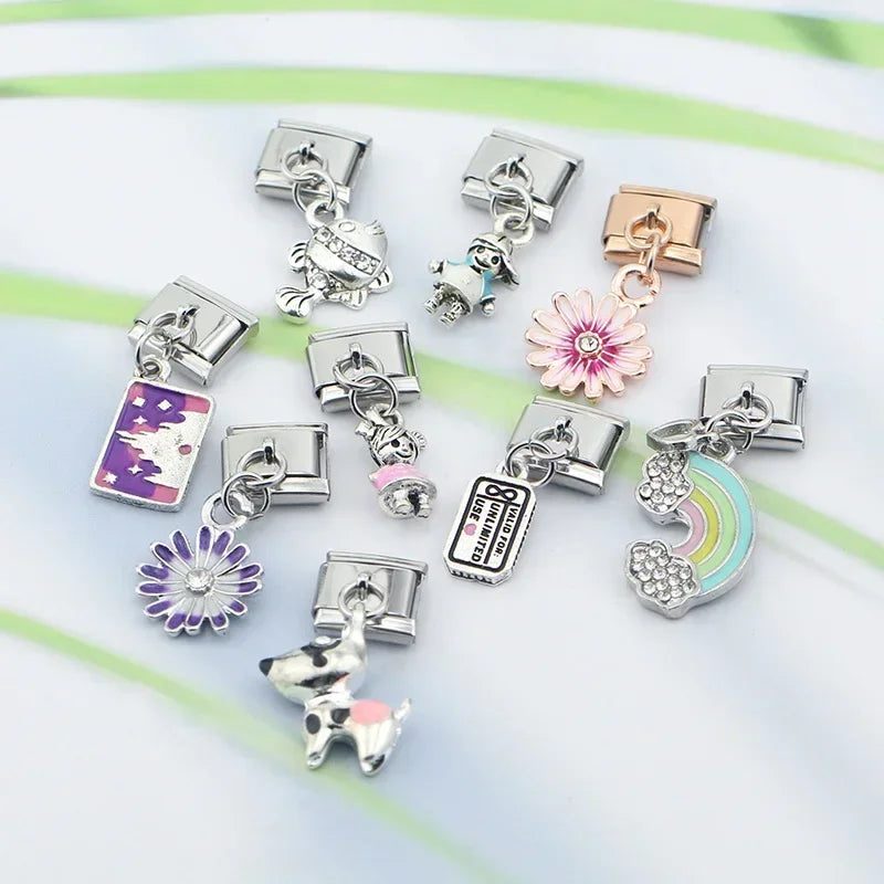 Hapiship Fashion Sweet Flower Fish Rainbow Dog Boy Girls Charm Links Fit 9mm Stainless Steel Bracelet Making DIY Jewelry DJ429