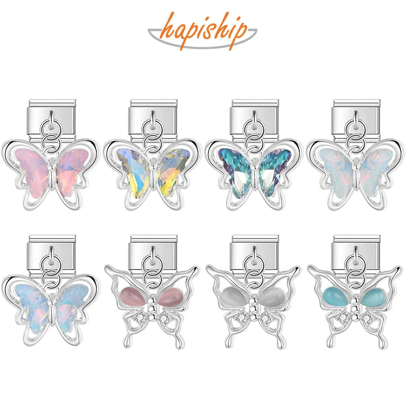 Hapiship 2025 Wholesale Butterfly Shiny CZ Italian Charm Fit 9mm Bracelet Stainless Steel Drop Shipping Women Jewelry DJ1329