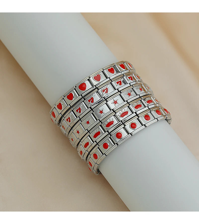 Hapiship 2025 Women's 9mm Itanlian Elastic Red Heart Round Star Crown Charms Fashion Stainless Steel Bracelet Jewelry Gift G126