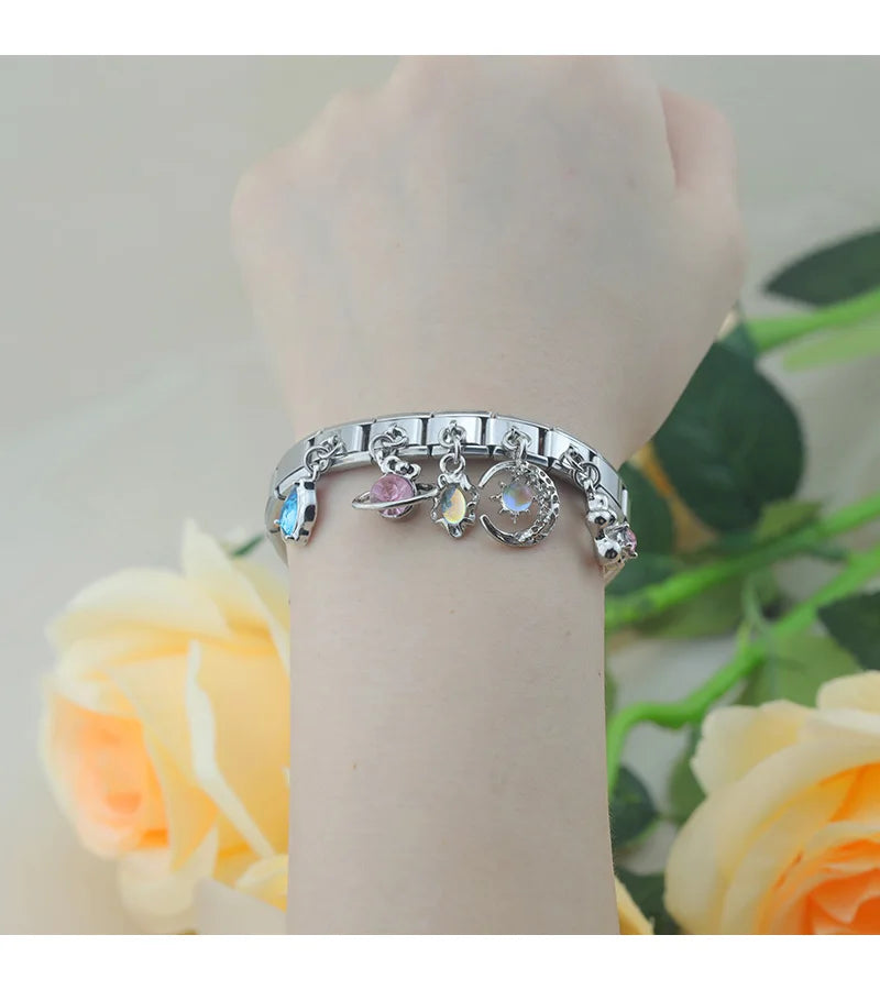 Hapiship 2025 New Original Daisy Star Moon Starry Sky CZ Italian Charm Fit 9mm Bracelet Stainless Steel Jewelry DIY Making DJ802