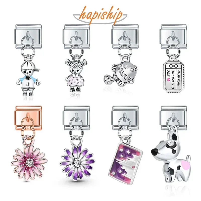 Hapiship Fashion Sweet Flower Fish Rainbow Dog Boy Girls Charm Links Fit 9mm Stainless Steel Bracelet Making DIY Jewelry DJ429