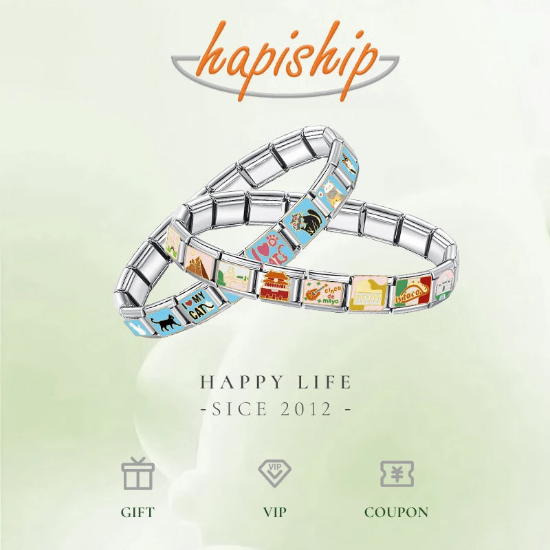 Hapiship 2025 New Women's 9mm Itanlian Elastic Eyes Tai Ji Heart Charms Fashion Stainless Steel Bracelet Jewelry Gift ST-XIN