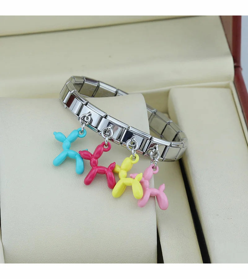 Hapiship 2025 New Fashion Sweet Colour Balloon Dog Charm Links Fit 9mm Stainless Steel Bracelet Making DIY Jewelry DJ594