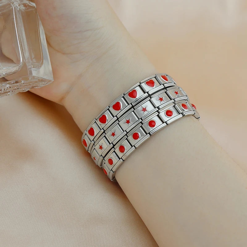 Hapiship 2025 Women's 9mm Itanlian Elastic Red Heart Round Star Crown Charms Fashion Stainless Steel Bracelet Jewelry Gift G126