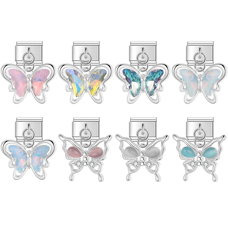 Hapiship 2025 Wholesale Butterfly Shiny CZ Italian Charm Fit 9mm Bracelet Stainless Steel Drop Shipping Women Jewelry DJ1329