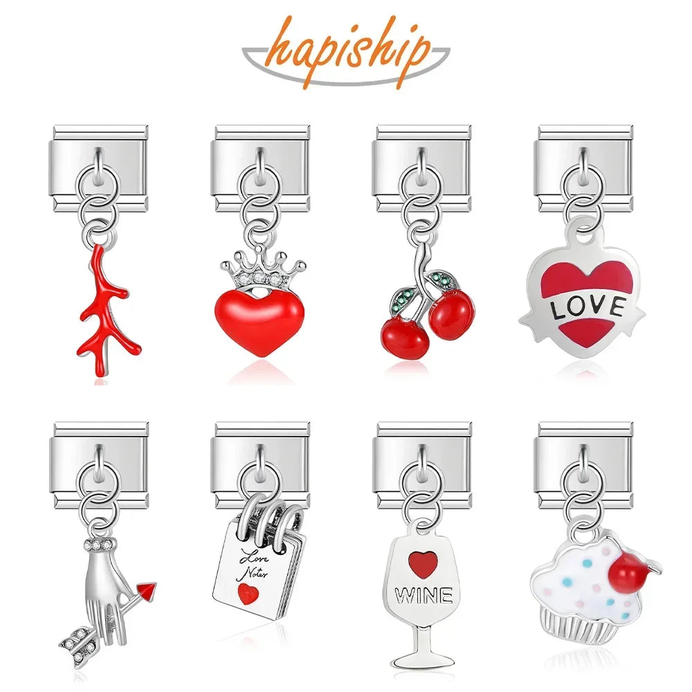 Hapiship Top New Original Daisy Heart Wine Love Cake Charm Links Fit 9mm Bracelet Stainless Steel Jewelry Making DJTop7