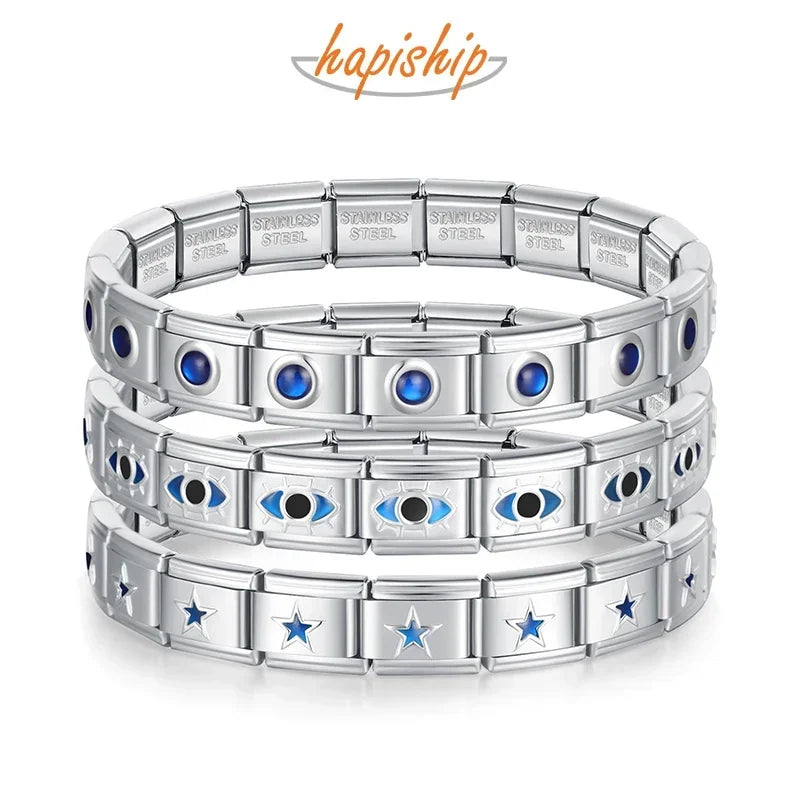 Hapiship Wholesale Bracelet Jewelry Blue Heart Round STAR Itanlian Elastic Charm Bracelet Fashion Stainless Steel Bangle G125