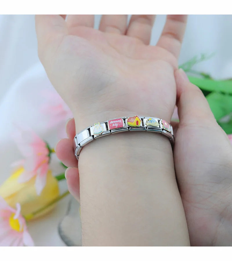 Hapiship 2025 New Fashion Shiny Flower House Skirt Charm Italian Links Fit 9mm Bracelet Stainless Steel Making Jewelry DJ666-B