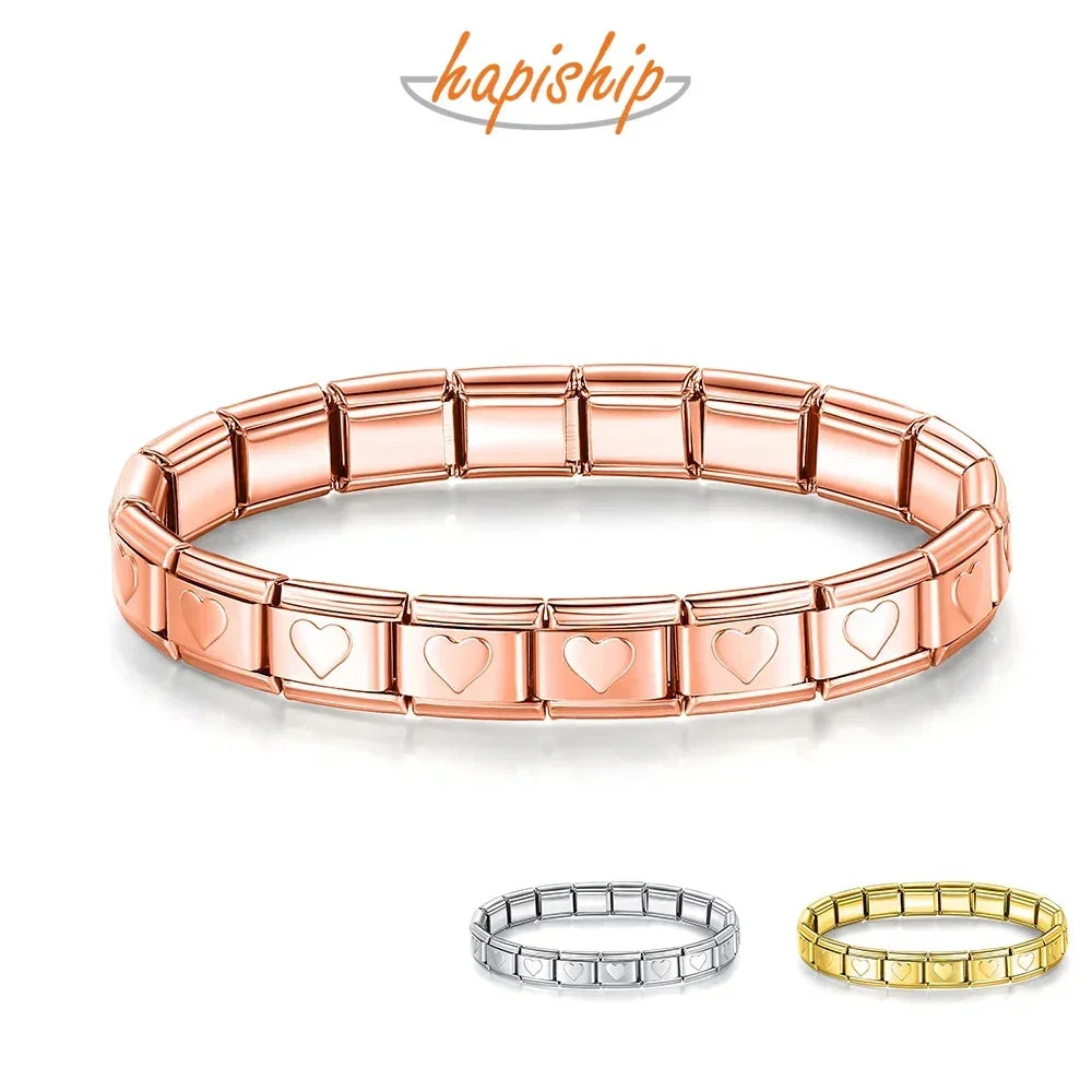 Hapiship New Fashion Women Romantic Heart 9mm Width Stainless Steel Bracelet Bangle Girls Wedding Christmas Gift Jewelry G205