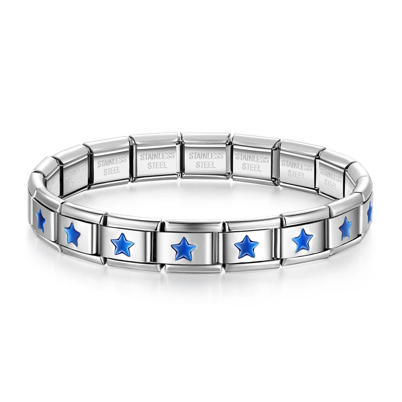 Hapiship 2025 New Wholesale Fashion Blue Star Footprint Itanlian Elastic Charm Stainless Steel Bracelet Jewelry Gift G267