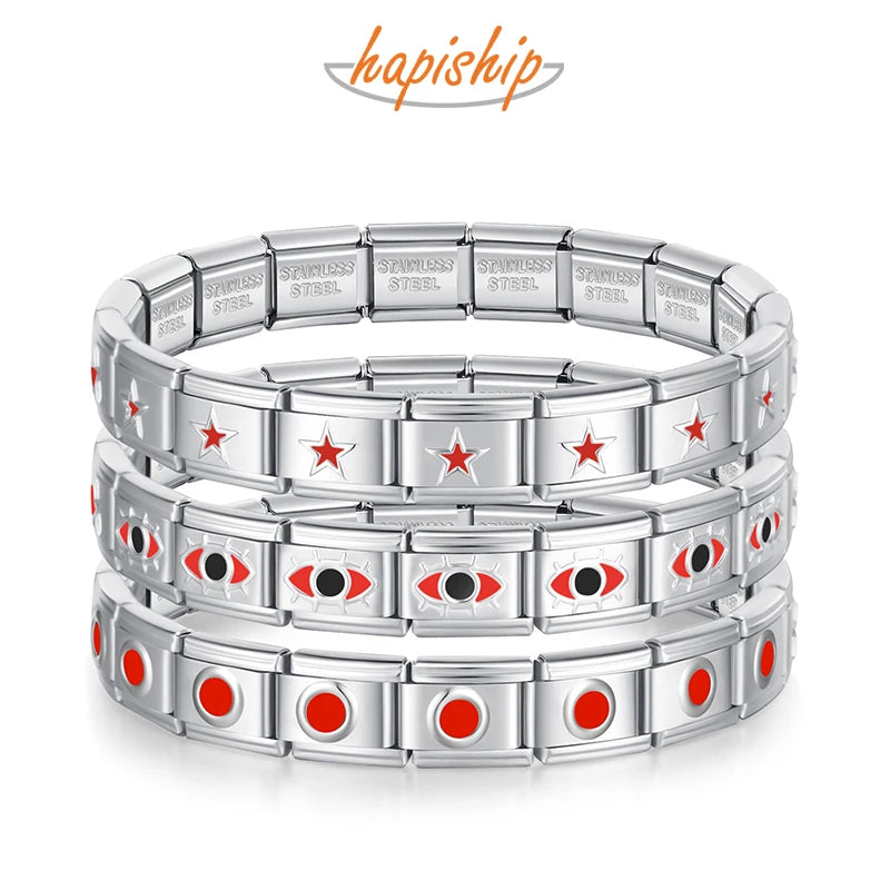 Hapiship 2025 Women's 9mm Itanlian Elastic Red Heart Round Star Crown Charms Fashion Stainless Steel Bracelet Jewelry Gift G126